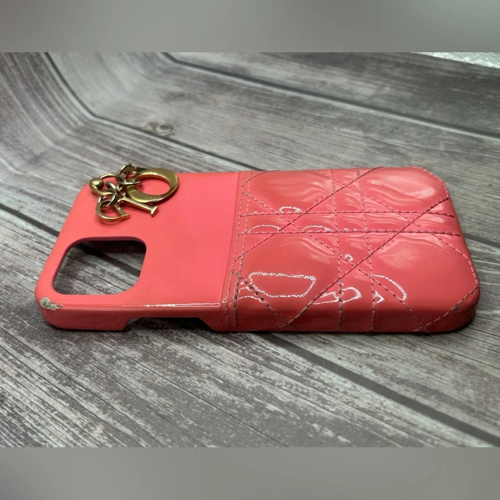 DIOR Lady Dior Lambskin Quilted Leather iPhone 14 Phone Case w/ Logo Charm Pink